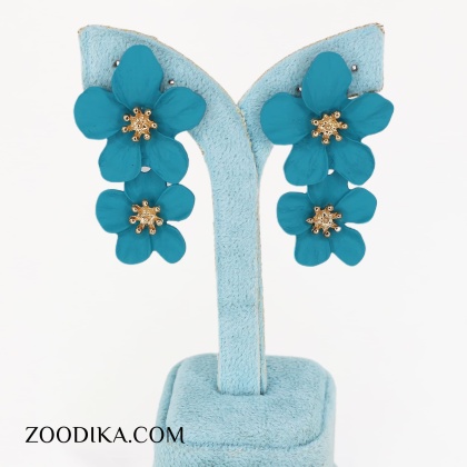 گوشواره دخترانه فانتزی شیک مدل گل دوتایی آبی