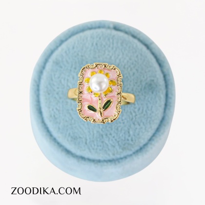 انگشتر میناکاری طرح گل صورتی فانتزی مرواریدی