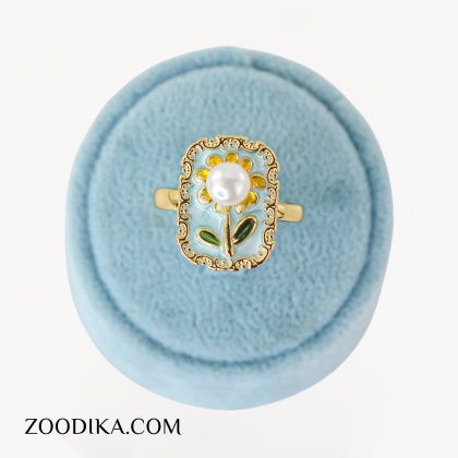 انگشتر میناکاری طرح گل آبی مرواریدی