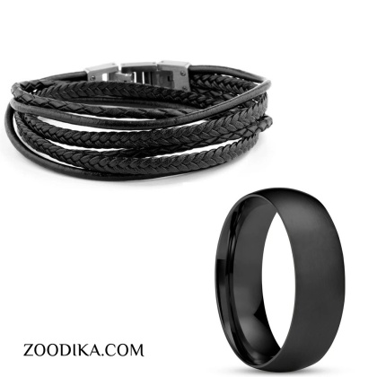 ست دستبند و انگشتر مردانه طرح چرم کد DE8