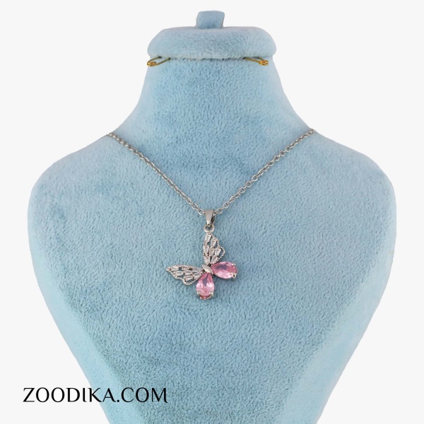 گردنبند دخترانه پروانه ای نگین دار استیل نقره ای