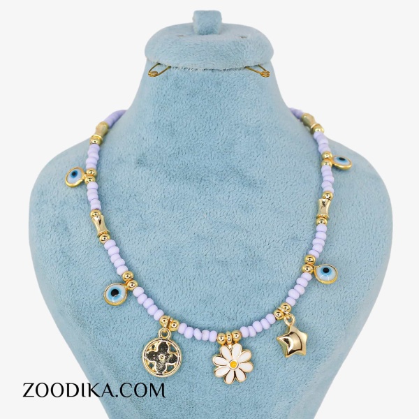 گردنبند منجوقی طرح چشم نظر با مهره یاسی رنگ