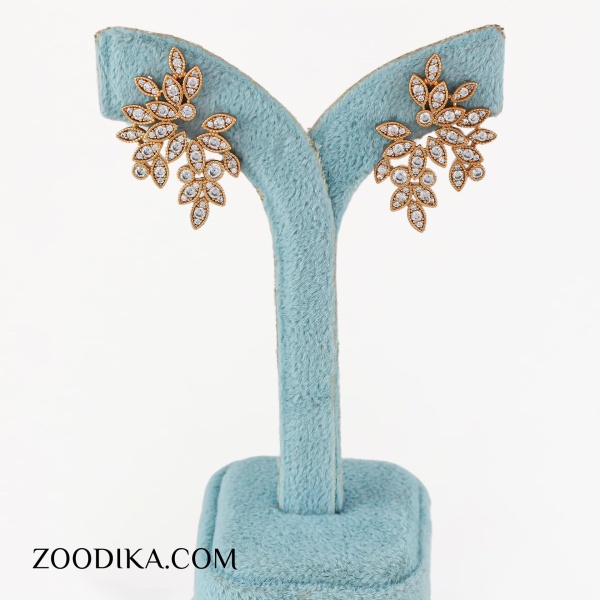 گوشواره ژوپینگ برگ نگین دار طلایی رنگ ثابت