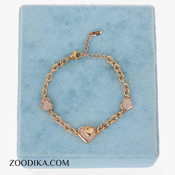 دست بند دخترانه زنجیری قلبی طلایی نگین دار