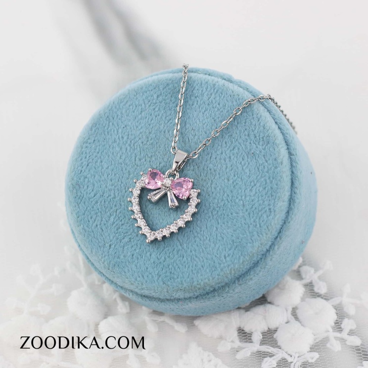 گردنبند قلبی و پاپیونی بدل استیل رنگ ثابت نقره ای