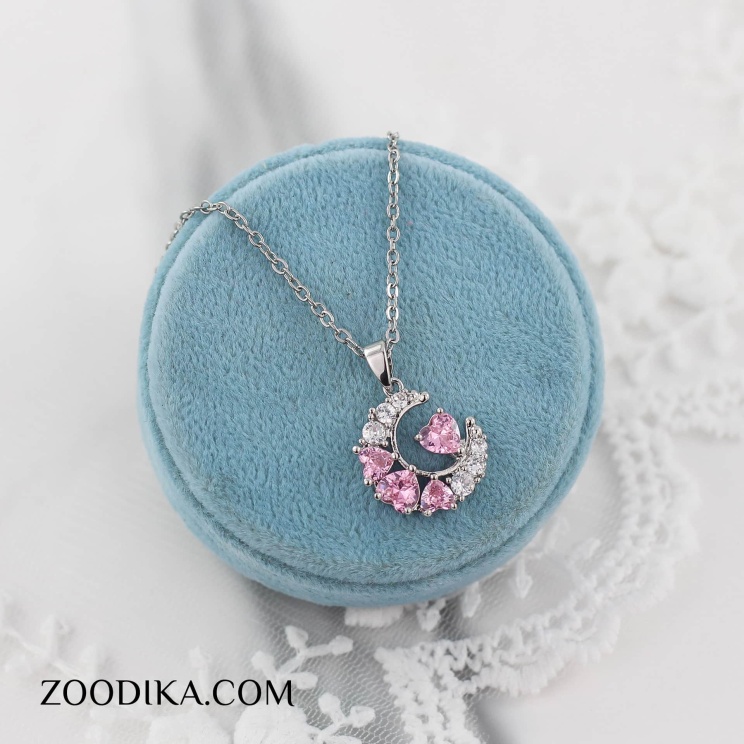 گردنبند قلبی و ماه زنانه بدل نقره ای رنگ ثابت