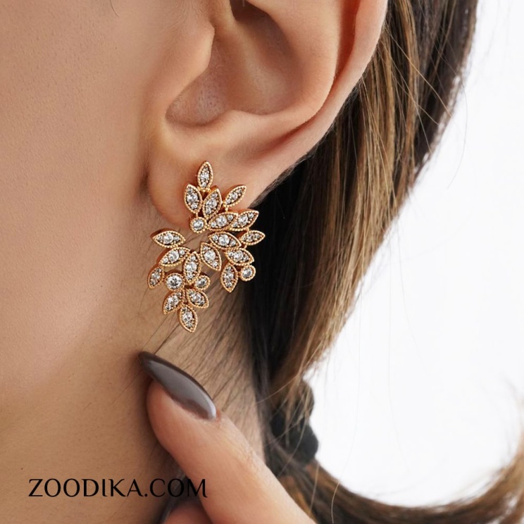 گوشواره ژوپینگ برگ نگین دار طلایی رنگ ثابت