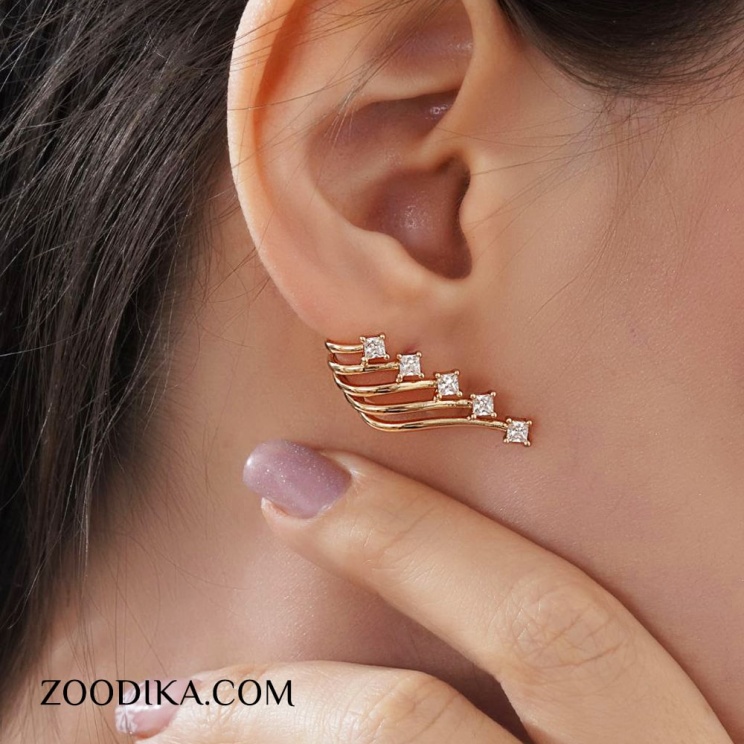 گوشواره ژوپینگ برگ نگین دار طلایی رنگ ثابت