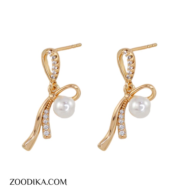 گوشواره بدل دخترانه پاپیونی مرواریدی طلایی