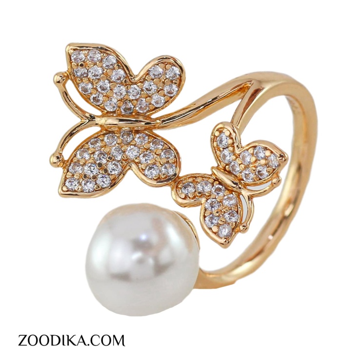 انگشتر مرواریدی پروانه نگین دار ژوپینگ طلایی